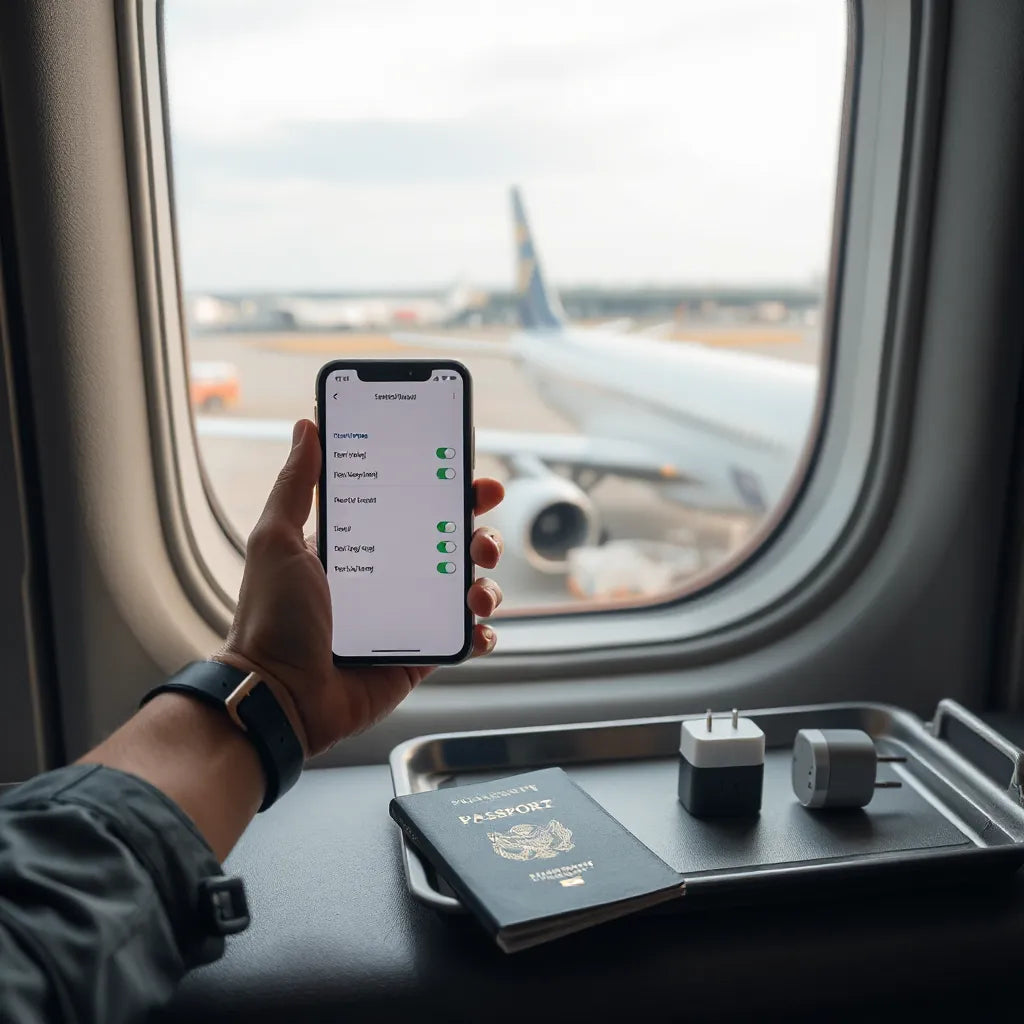 Traveler at an airport with a smartphone, passport, and travel adapter for staying connected abroad
