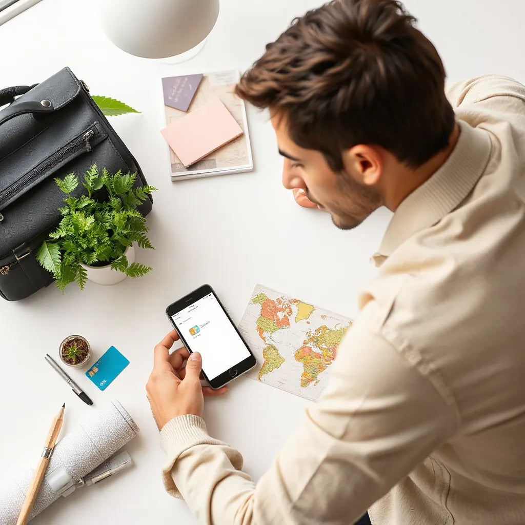 Traveler comparing budget eSIM options on a smartphone beside a small world map