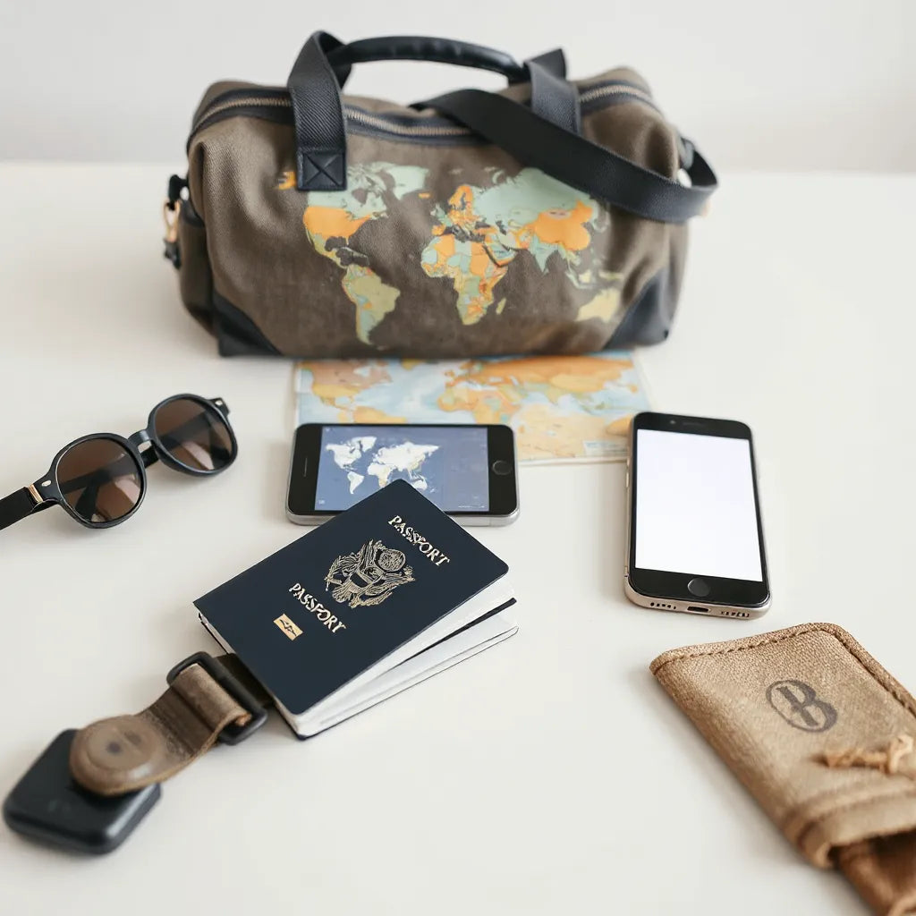 Open passport and smartphone on a tidy table with a world map background for planning international travel