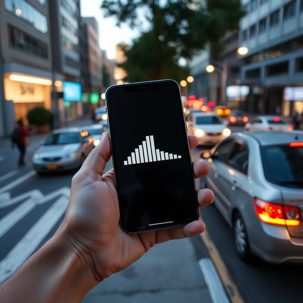 Hand holding a smartphone showing strong high-speed signal bars outdoors near a city street