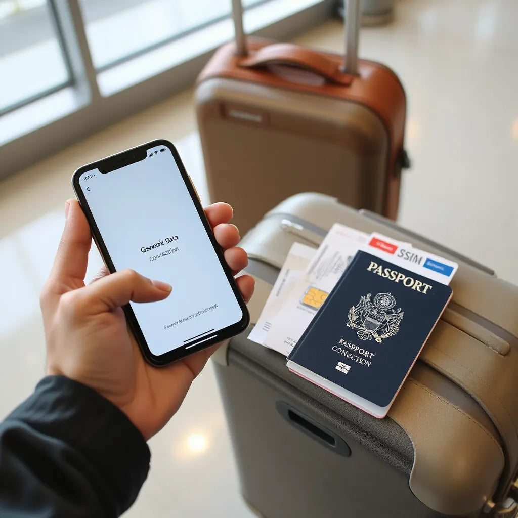Traveler’s phone, passport, and a small eSIM accessory in an airport lounge setting