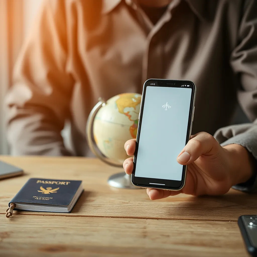 Traveler holding a phone with strong signal, with a globe and passport on a table.