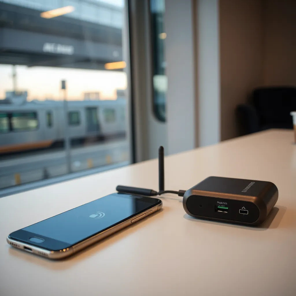 Smartphone with data connectivity and travel gear on a clean desk in an on-the-go setting