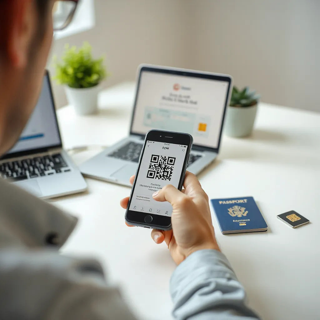 Person scanning an eSIM QR code on a smartphone with travel documents on a clean desk