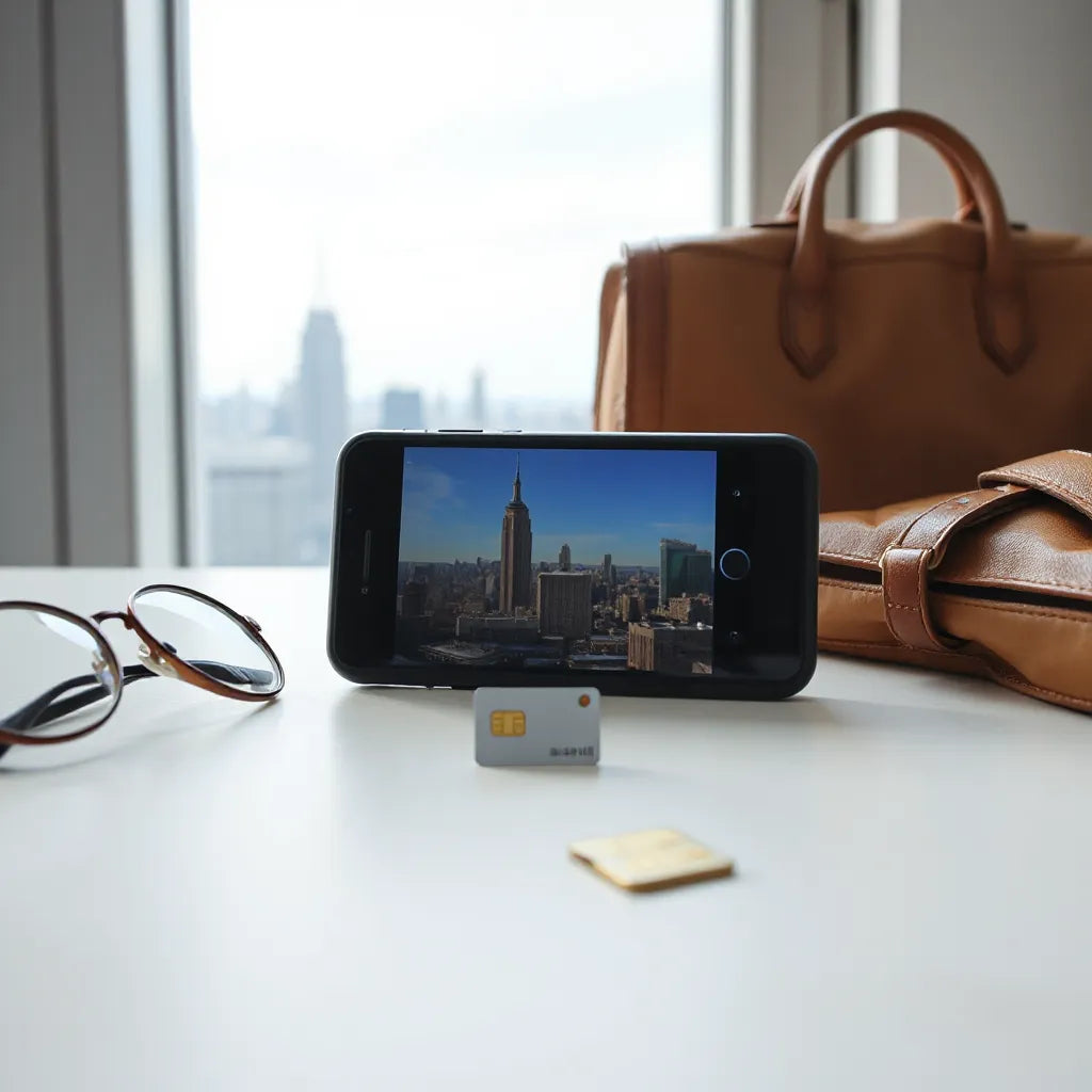 Traveler holding a smartphone with cellular connectivity, with an out-of-focus US city skyline in the background