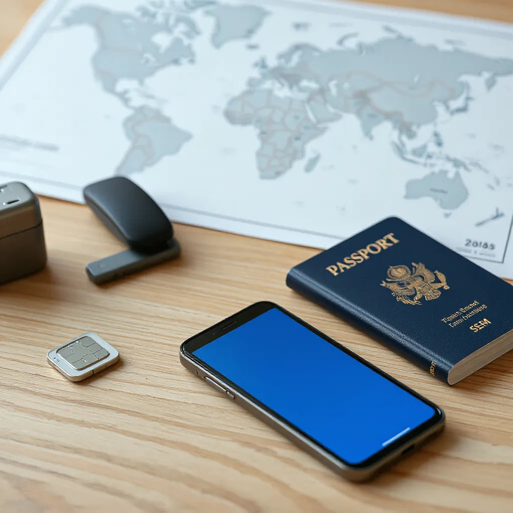 Smartphone and travel documents on a desk with a blurred world map in the background
