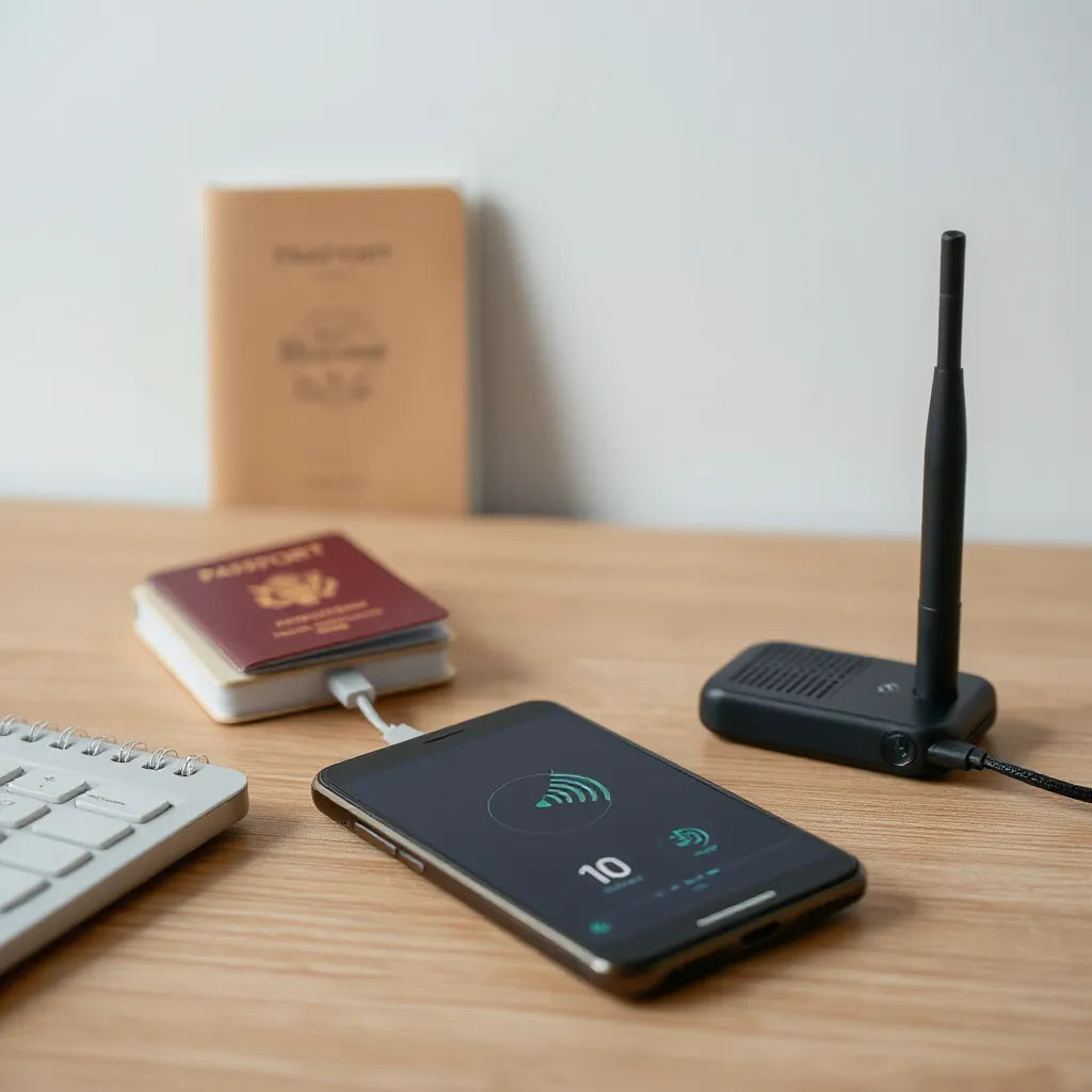 Smartphone displaying mobile connectivity with a portable router and charging cable on a desk