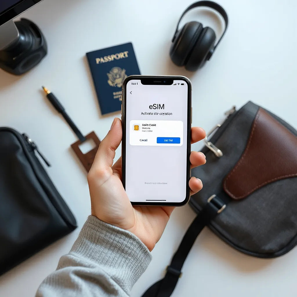 Hand holding a smartphone displaying an eSIM activation process with travel items nearby