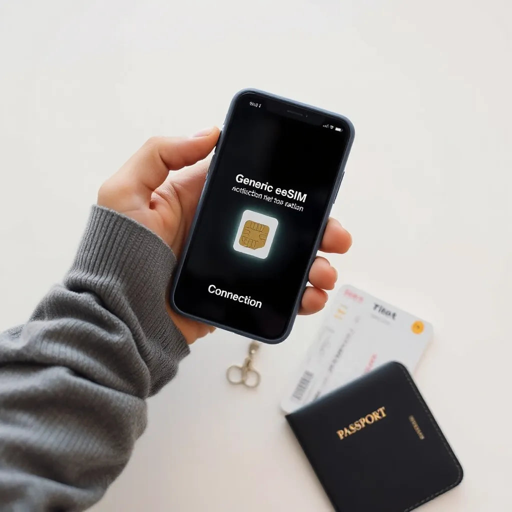 Traveler activating an eSIM on a smartphone with a connection icon, with travel essentials nearby
