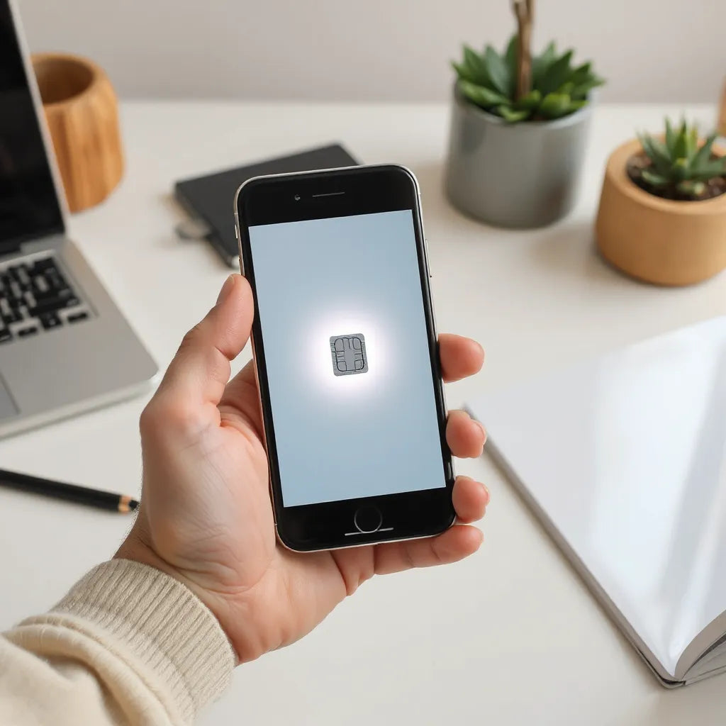 Person setting up an eSIM on a smartphone with quick connectivity guidance on a clean desk.