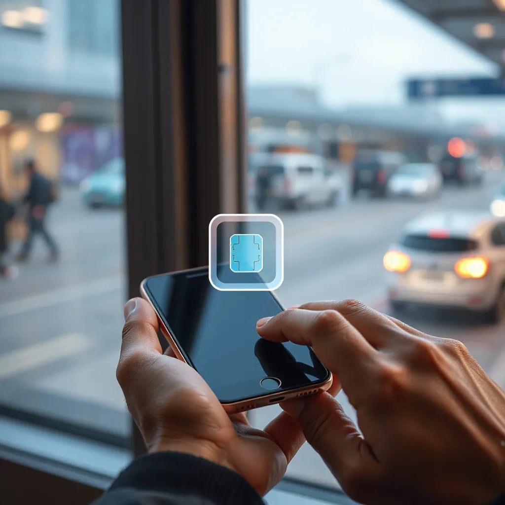 Hand holding a smartphone showing stable connectivity while traveling outdoors