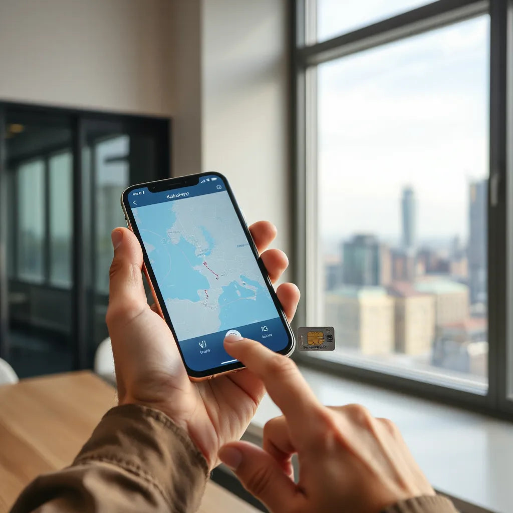 Smartphone and eSIM card with a map-style coverage view for choosing dependable connectivity