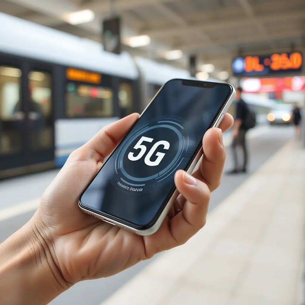 Hand holding a smartphone showing strong high-speed signal while moving through a city