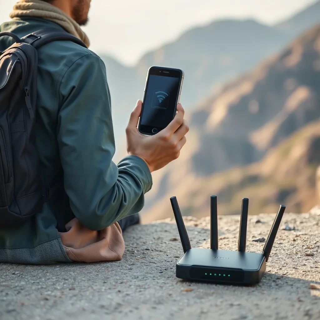 Adventurer holding a smartphone with reliable mobile connection near a backpack outdoors