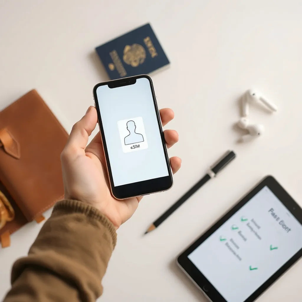 Smartphone and tablet showing a checklist for comparing eSIM providers before choosing a plan