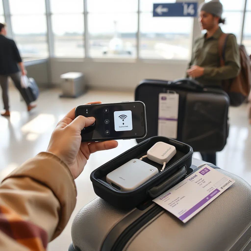 Traveler at an airport with smartphone and compact connectivity gear for affordable data abroad