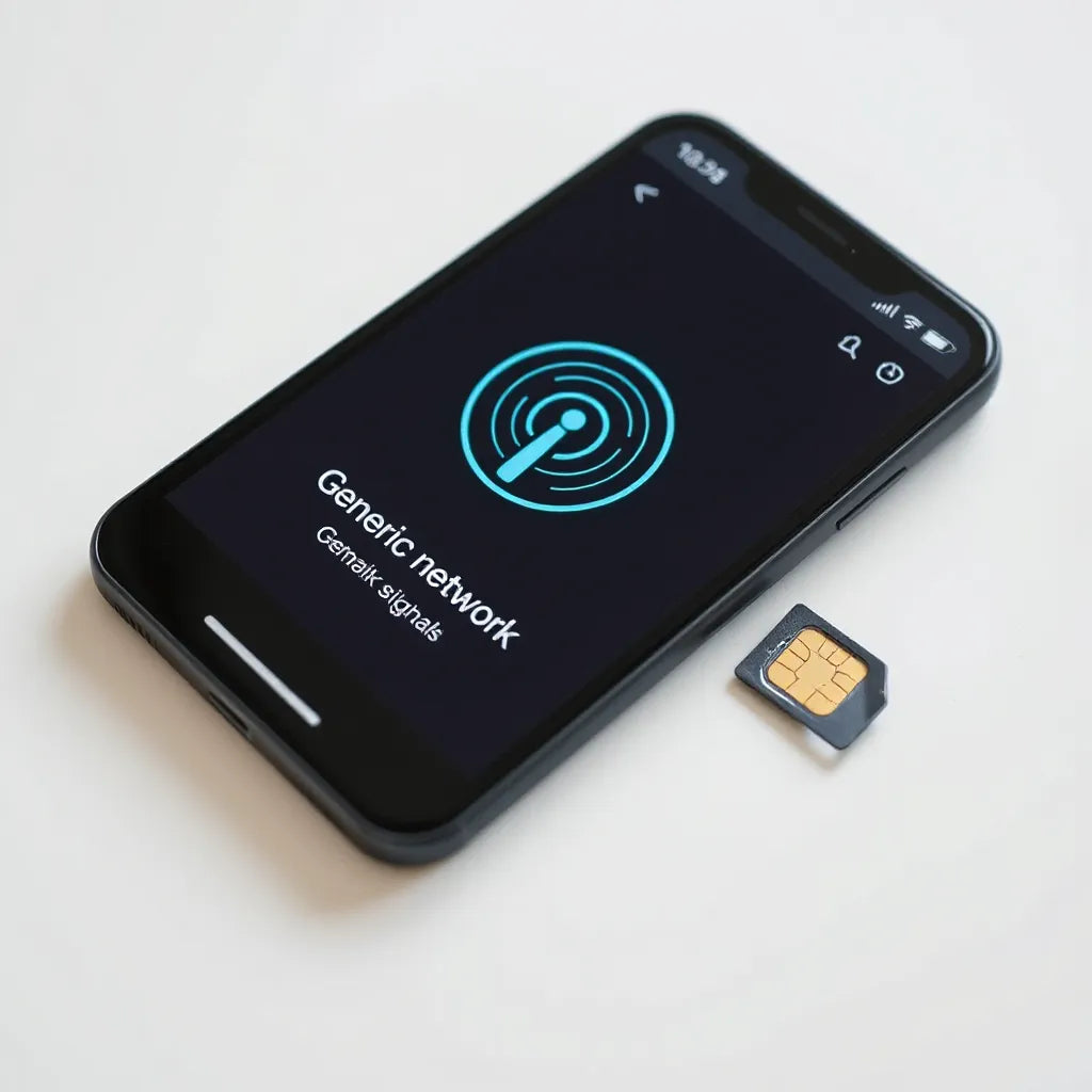 Smartphone with a SIM card on a clean surface, showing a generic mobile network interface