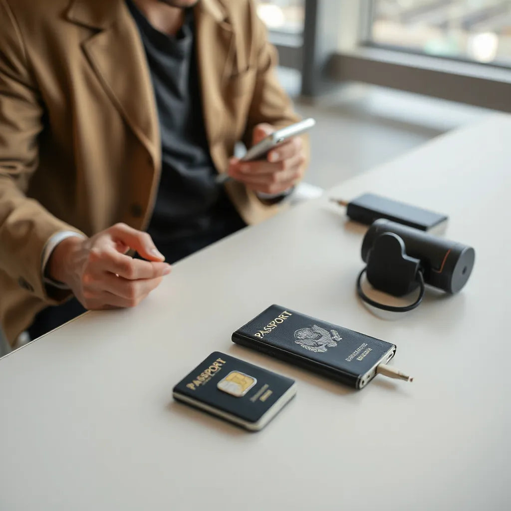Traveler using a smartphone with an eSIM card on a desk near a passport