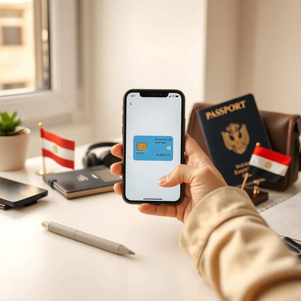 Smartphone near a passport and small Egypt flag on a travel desk for quick eSIM connectivity