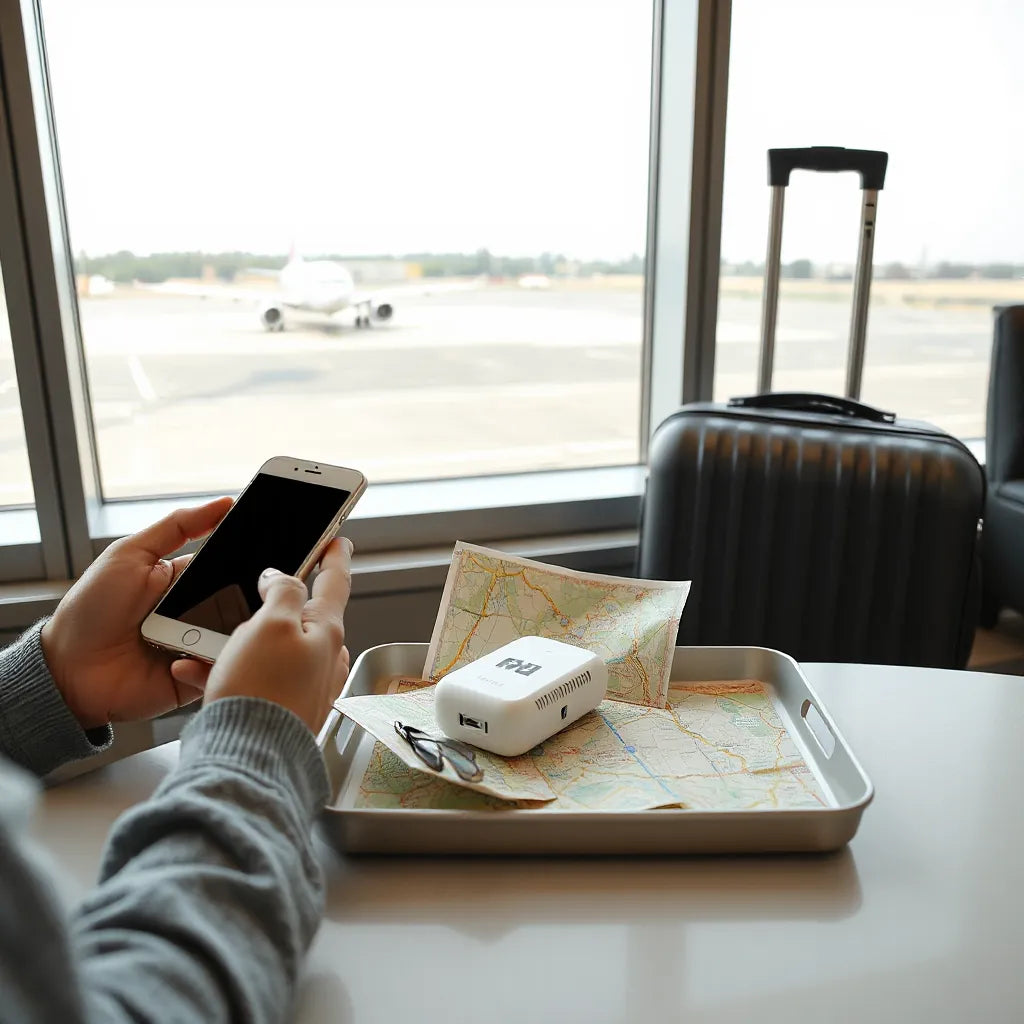 Traveler using a smartphone for maps with a fixed data setup beside a suitcase in an airport lounge