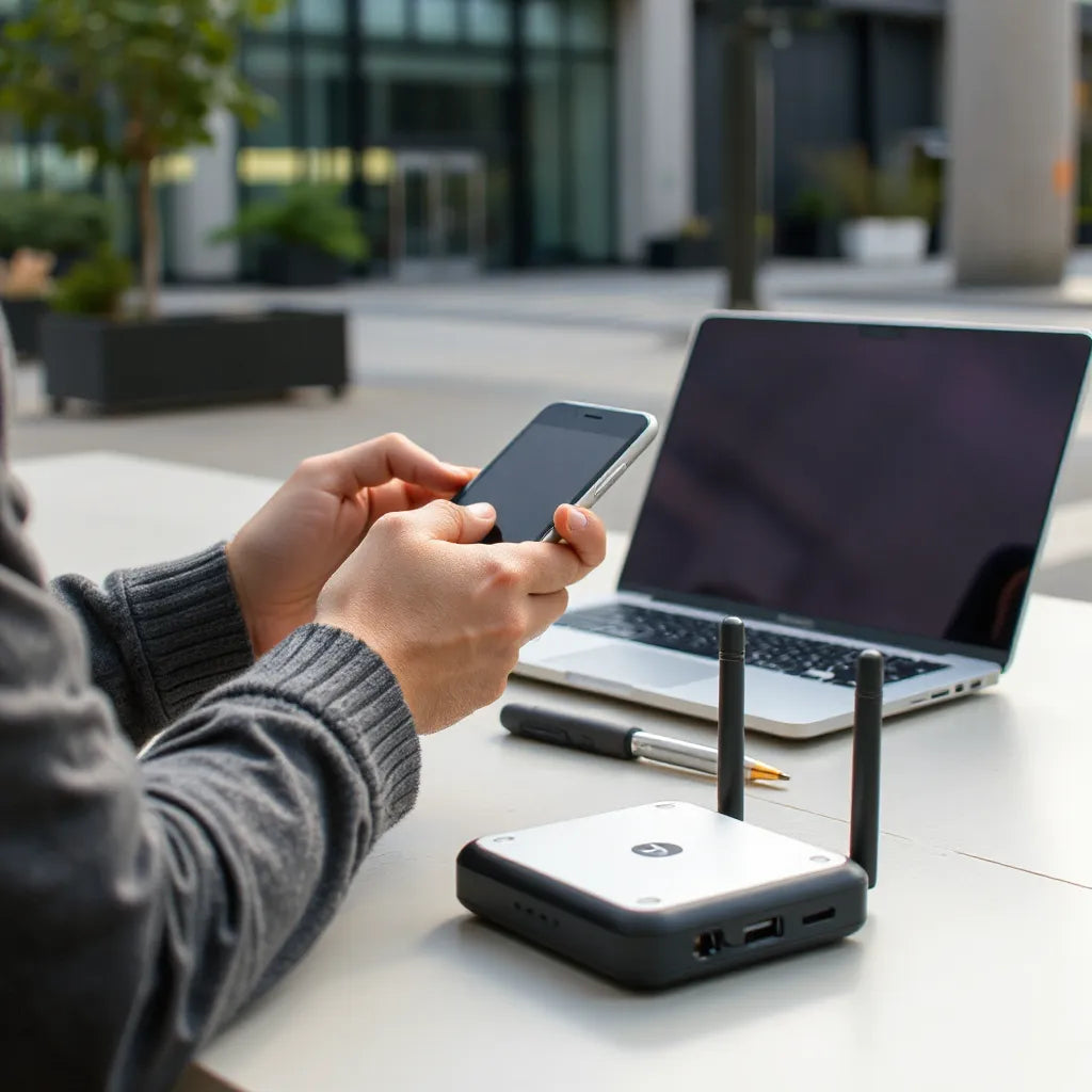 Person using a smartphone with stable mobile connectivity while traveling in a city