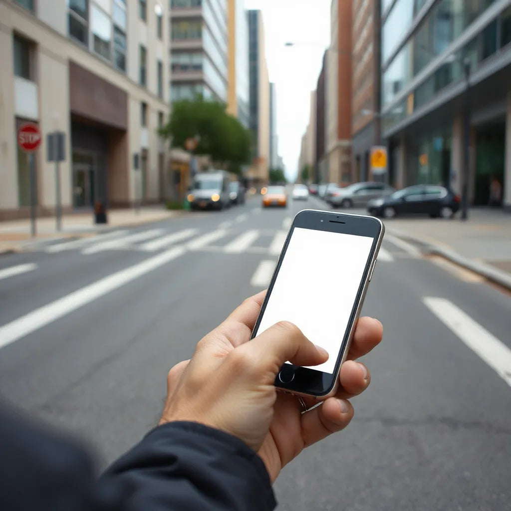 Person checking smartphone connectivity with clear mobile signal indicators in a city street scene
