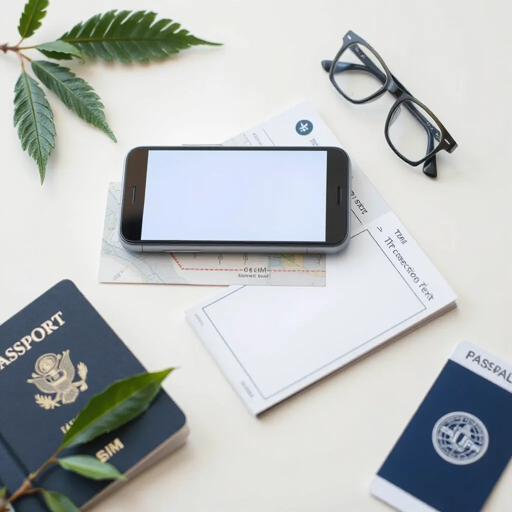 Smartphone and travel documents on a table showing an eSIM connection screen for short-term travel data