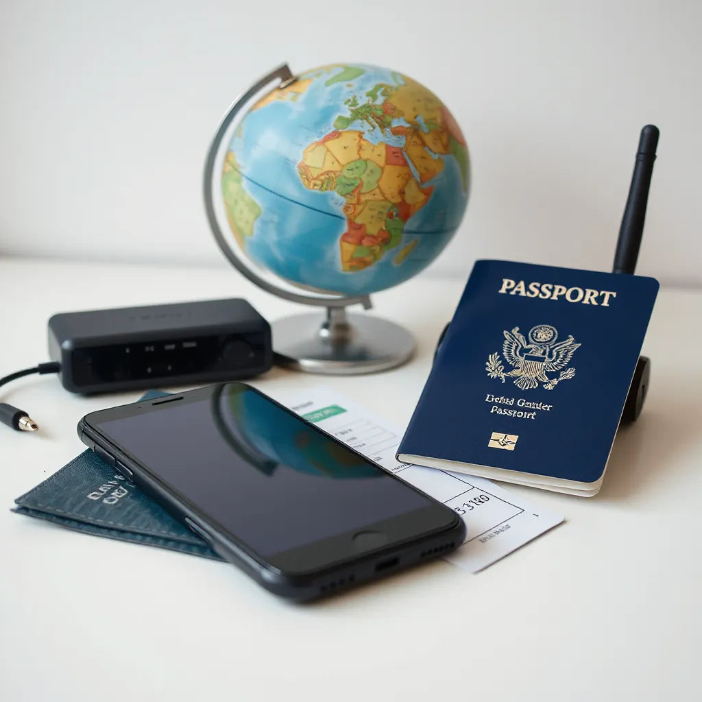 Smartphone beside a passport and travel accessories with a subtle globe network backdrop