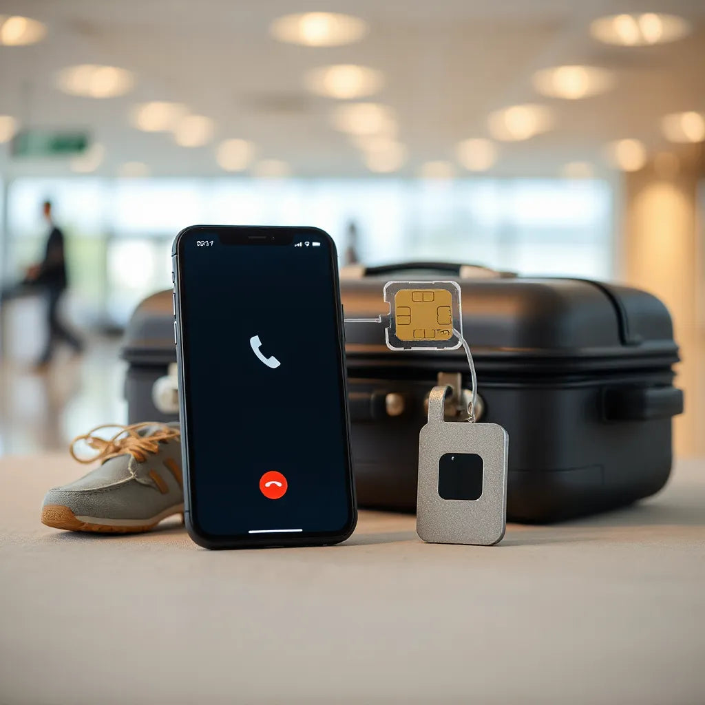 Smartphone connected for an active VoIP call with an eSIM-style connection icon and travel background blur