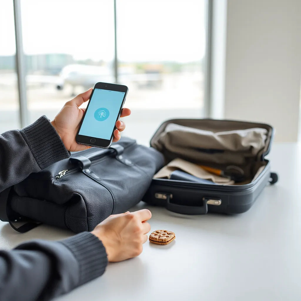 Smartphone with connectivity icon near small suitcase and power bank for short trip travel