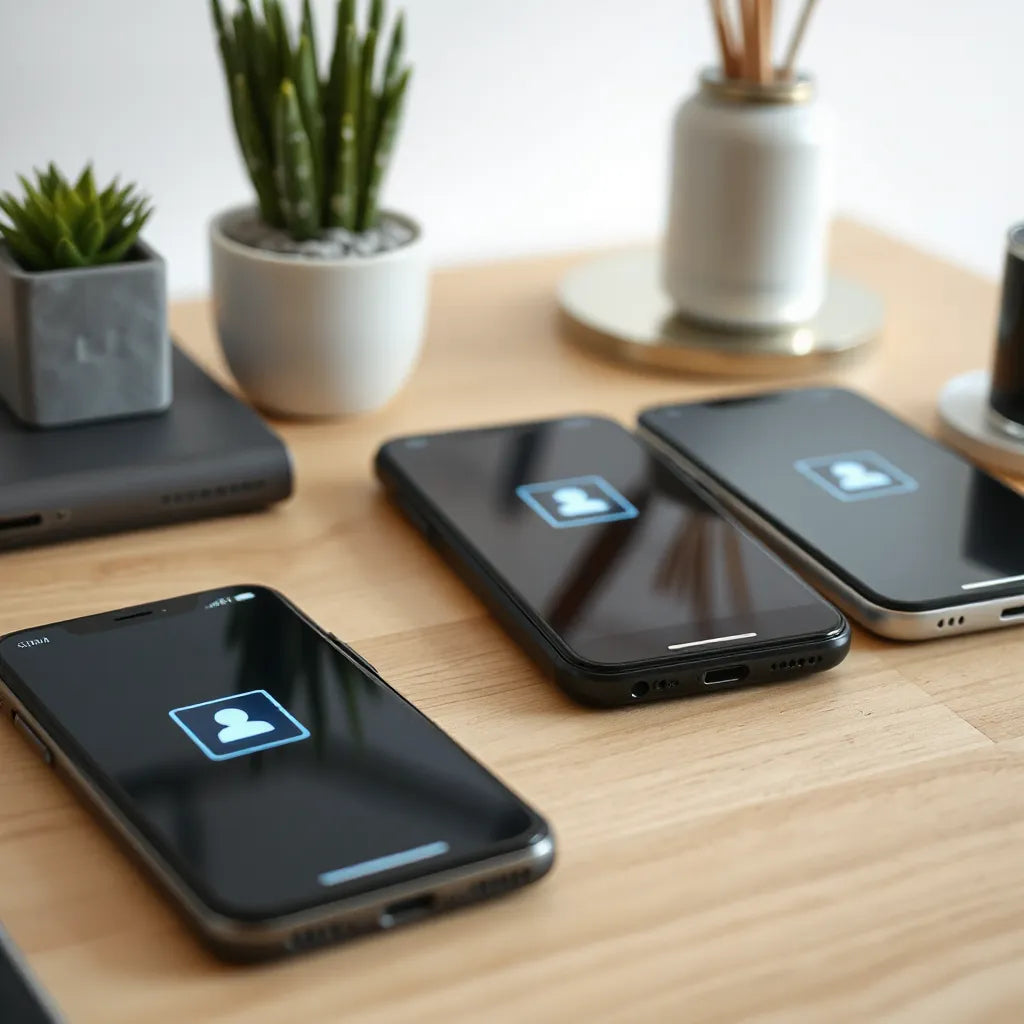 Modern smartphones on a desk with abstract eSIM-style connectivity icons visible