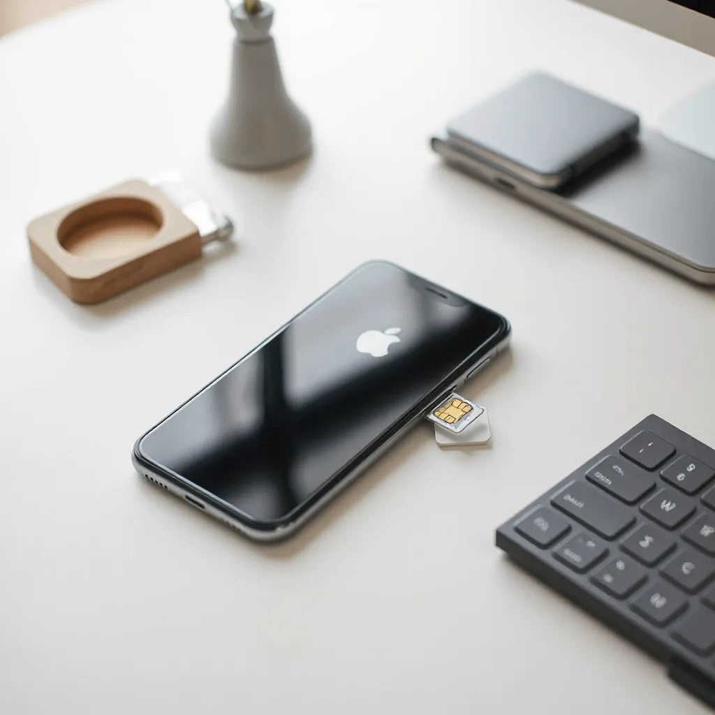 Smartphone with partially inserted SIM tray on a clean desk, showing subtle cellular signal