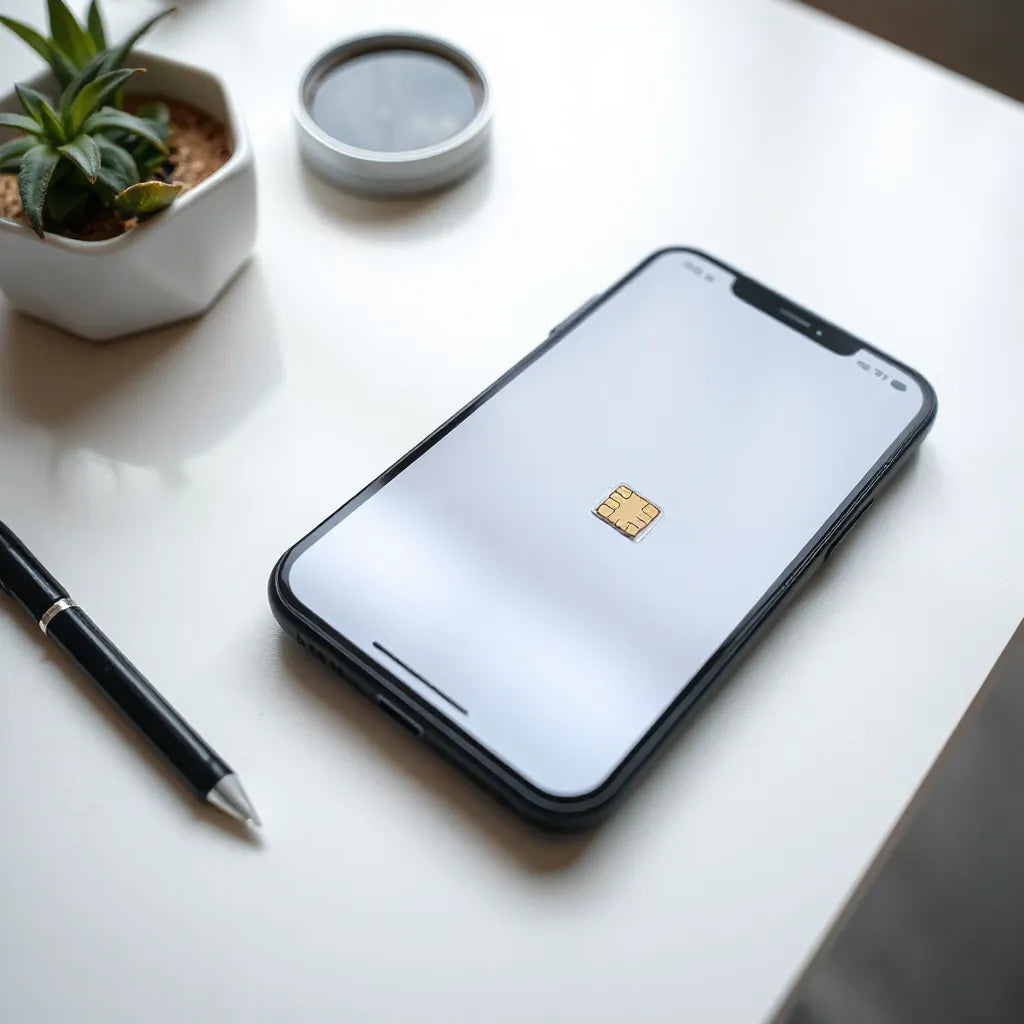 Smartphone and SIM/eSIM card on a clean desk, suggesting eSIM compatibility checks