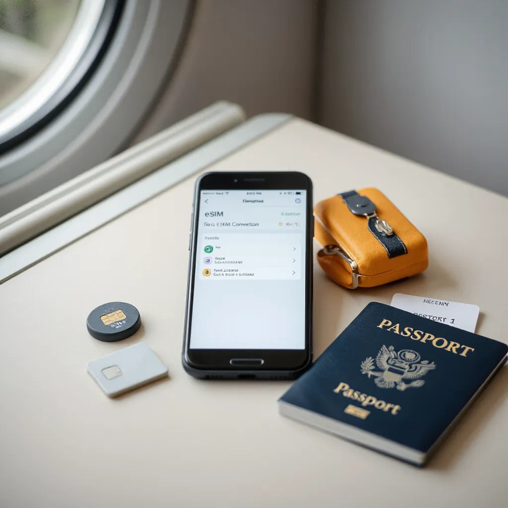 Smartphone and passport on a desk with a generic eSIM connectivity status icon