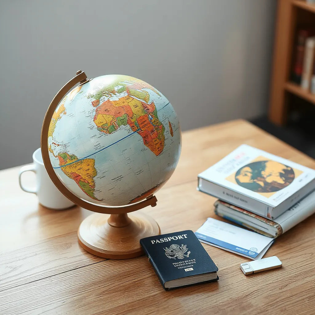 Globe and travel documents on a desk, suggesting planning for multiple international destinations