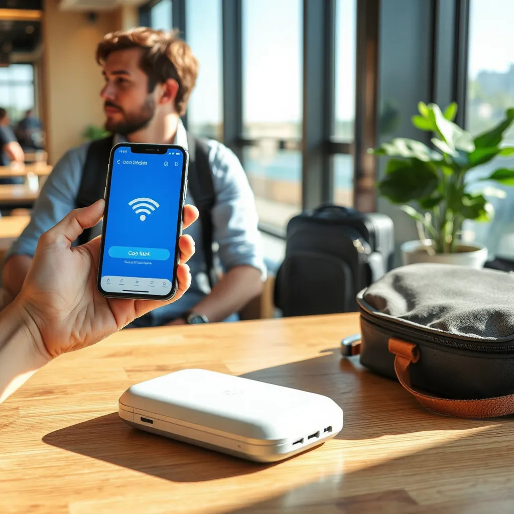 Tourist using a smartphone for wireless connectivity next to a travel bag in a bright lounge