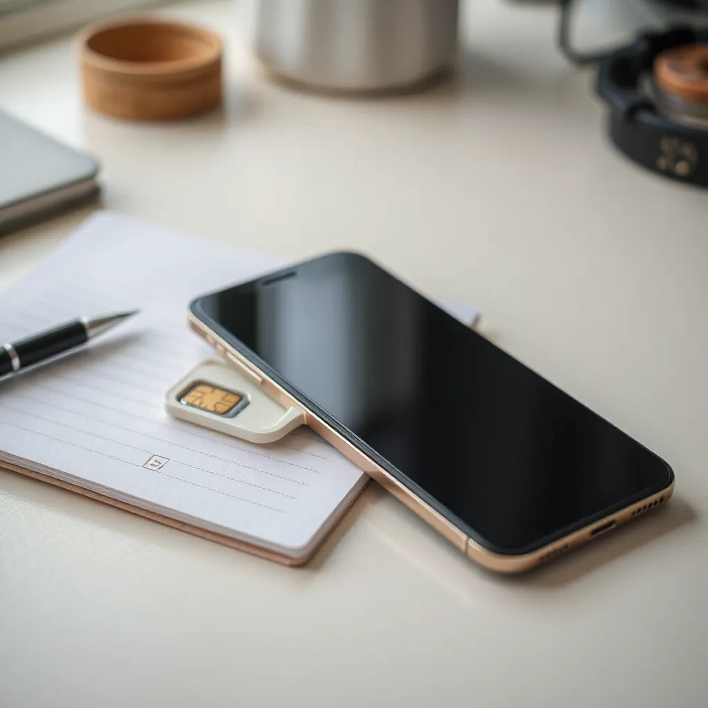 Smartphone ready for eSIM setup on a desk with an eSIM tray and travel checklist notebook