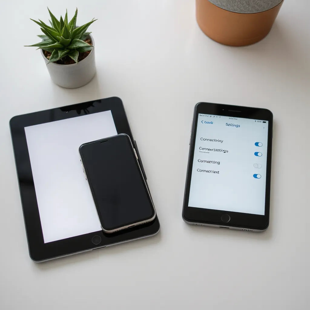 Unlocked smartphone and tablet on a desk showing generic connectivity settings
