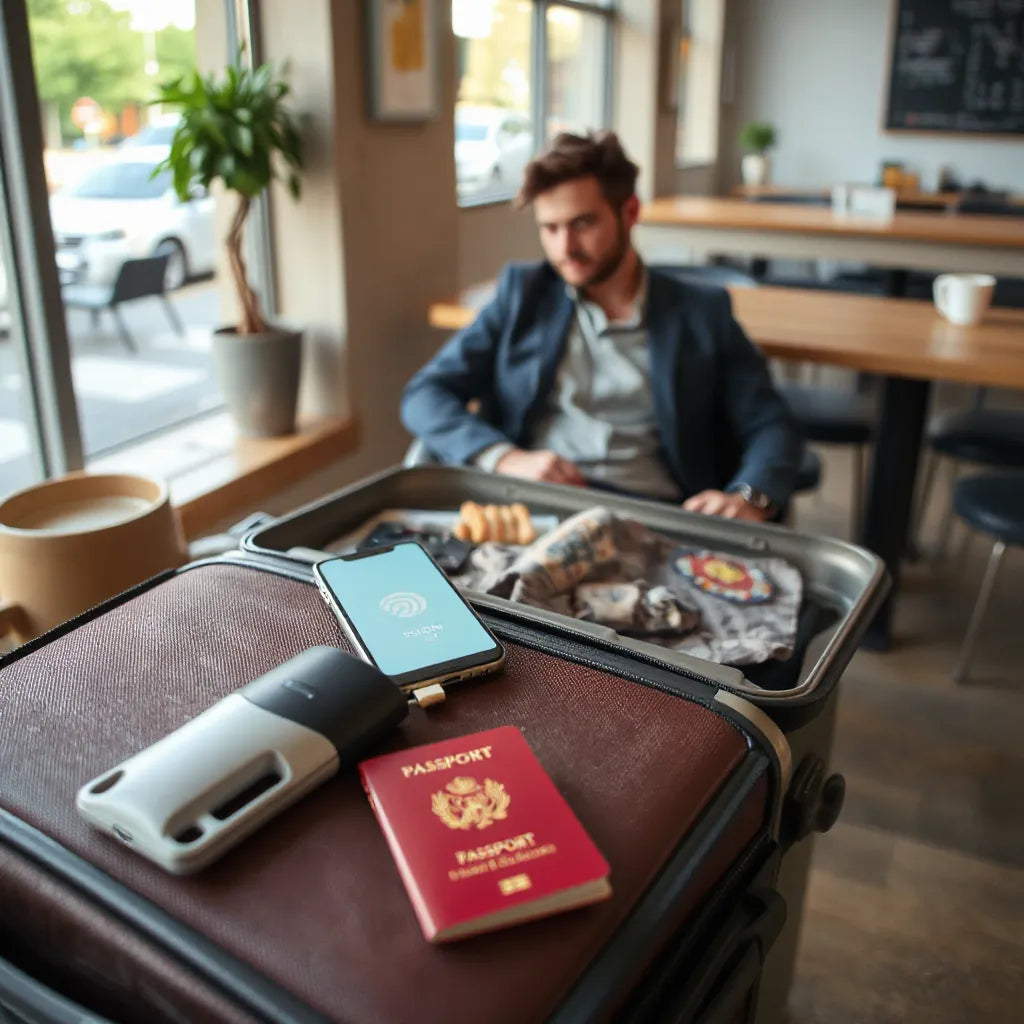 Traveler using a smartphone with a prepaid data card beside a passport in a cafe