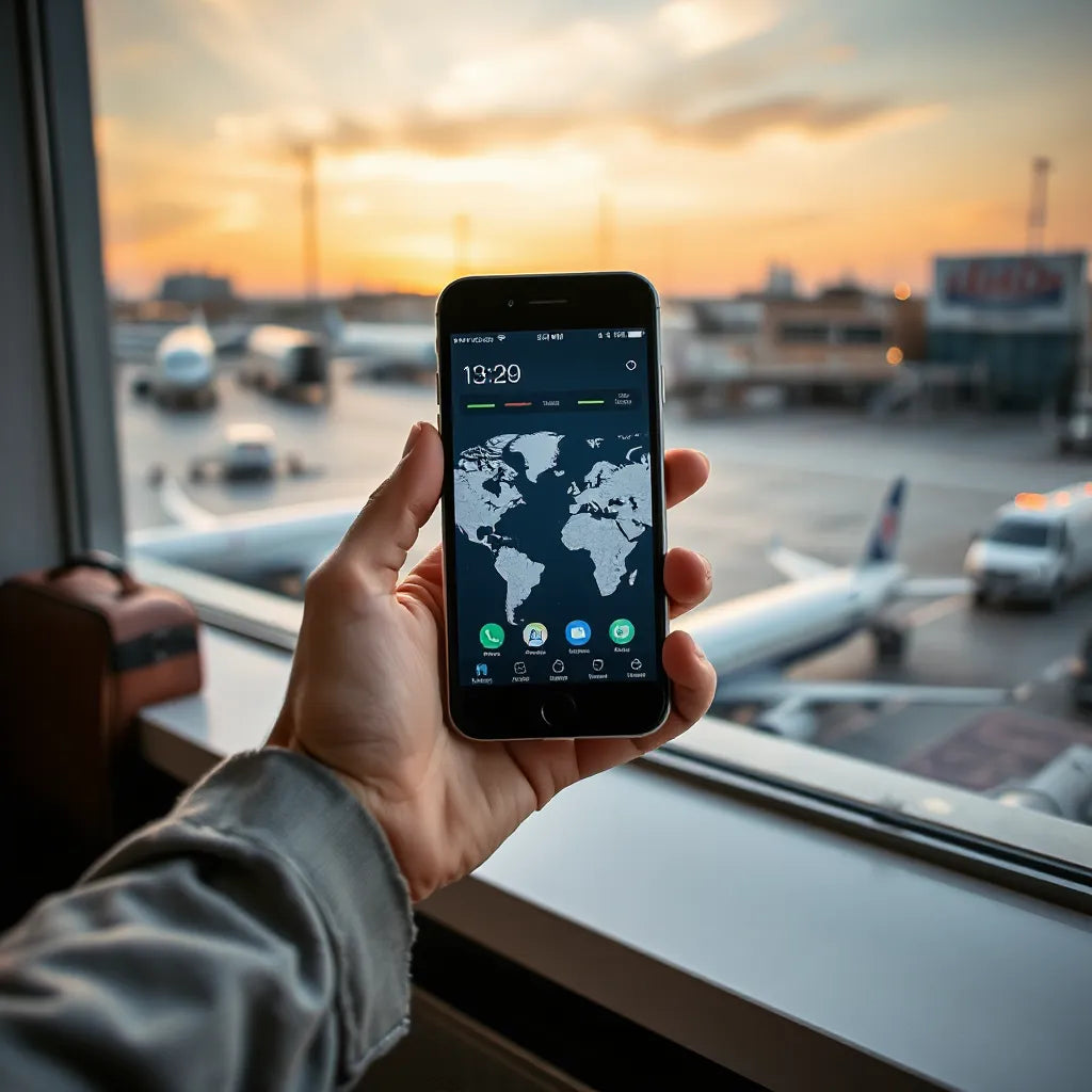 Traveler holding a smartphone with clear signal bars near an international airport window