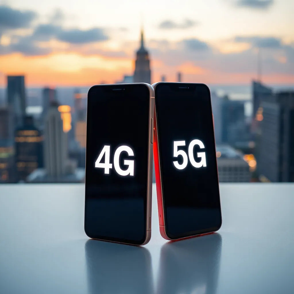 Two smartphones showing 4G and 5G signal connectivity with subtle network waves over a modern city skyline
