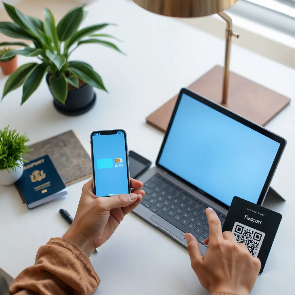Person activating an eSIM on a smartphone during travel setup at a desk