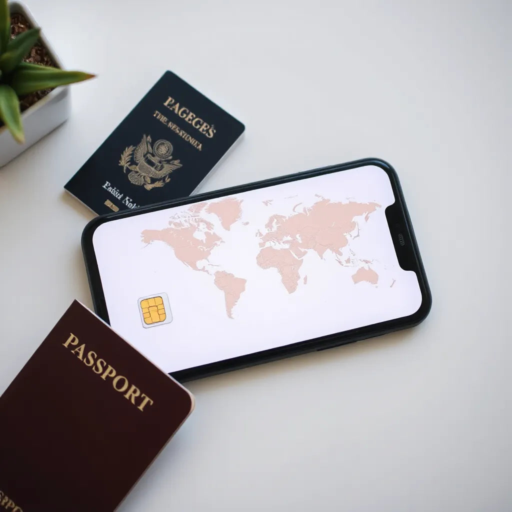 Smartphone, eSIM card, and passport with a world map highlighting travel regions