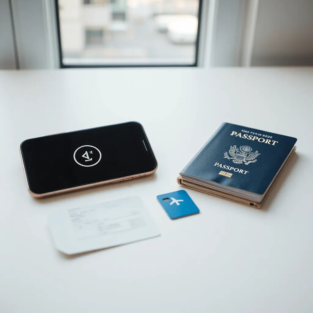 Smartphone showing connection status beside passport and travel essentials on a bright desk