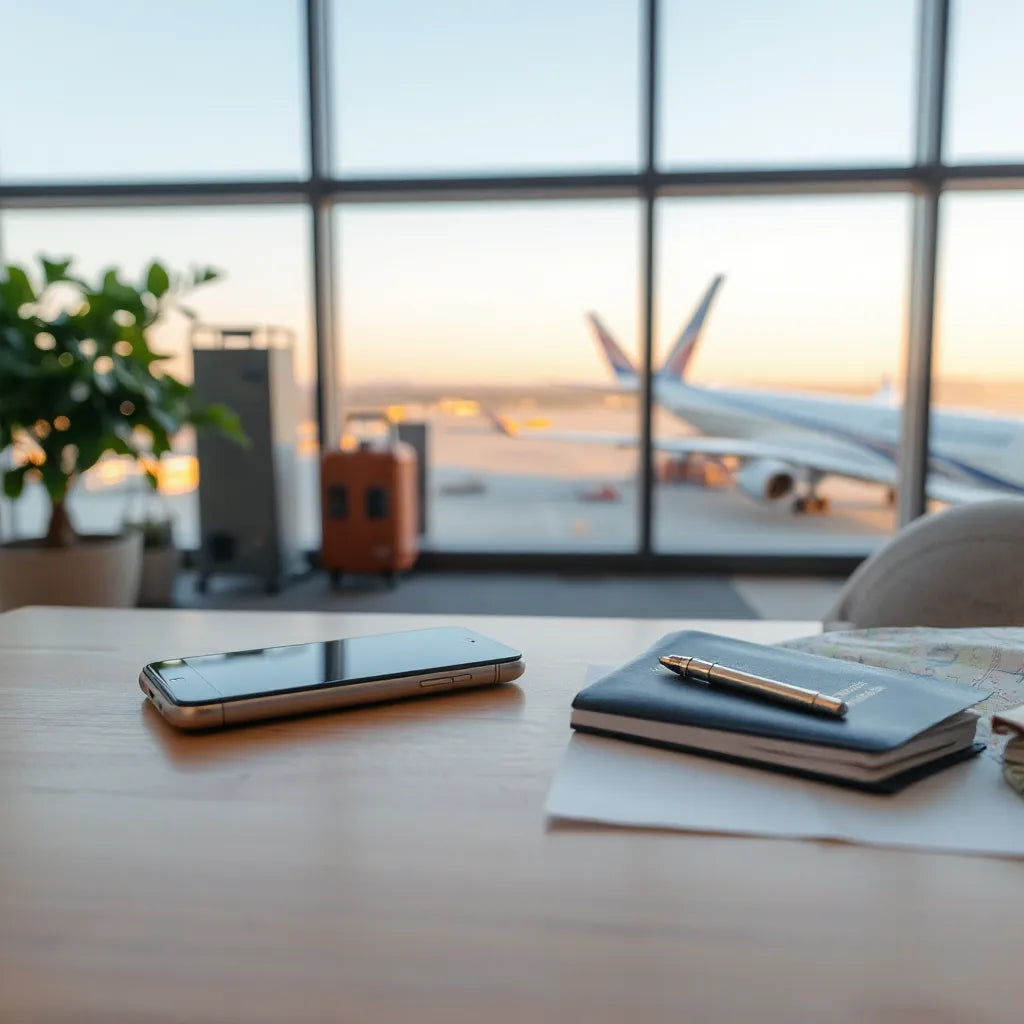 Smartphone with a map and passport on a table near an airport window