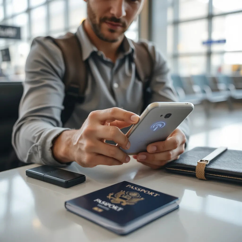 Traveler activating an eSIM on a smartphone at an airport lounge with passport and boarding documents nearby