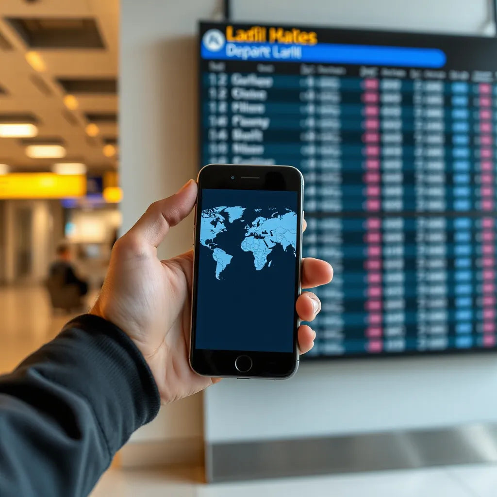 Traveler holding a smartphone with a simplified world map showing connected destinations