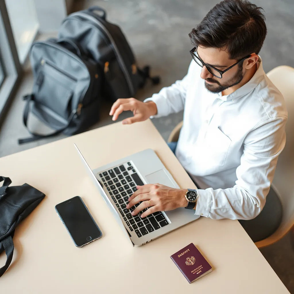 Business traveler using a smartphone and laptop in an airport lounge with wireless connection visible