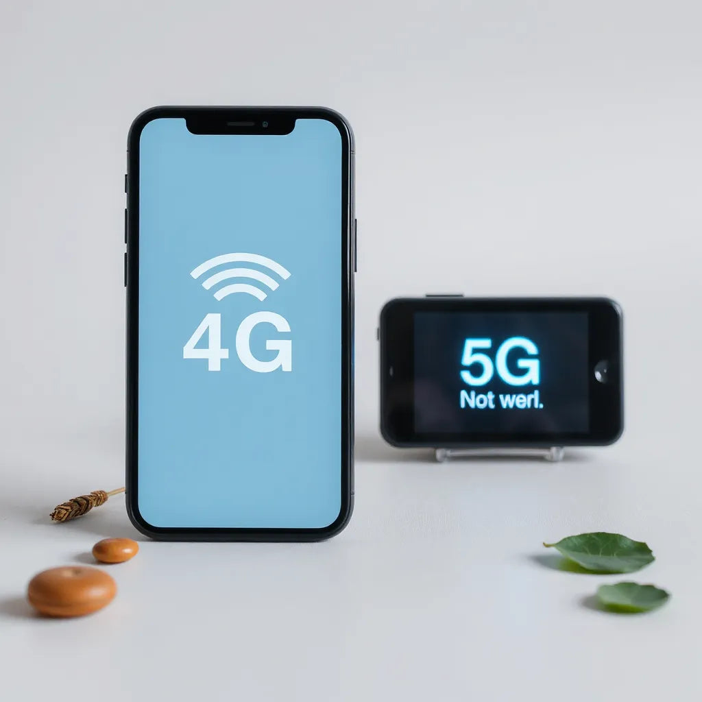 Smartphone and portable hotspot with visual network signal indicators for comparing 4G and 5G data plans