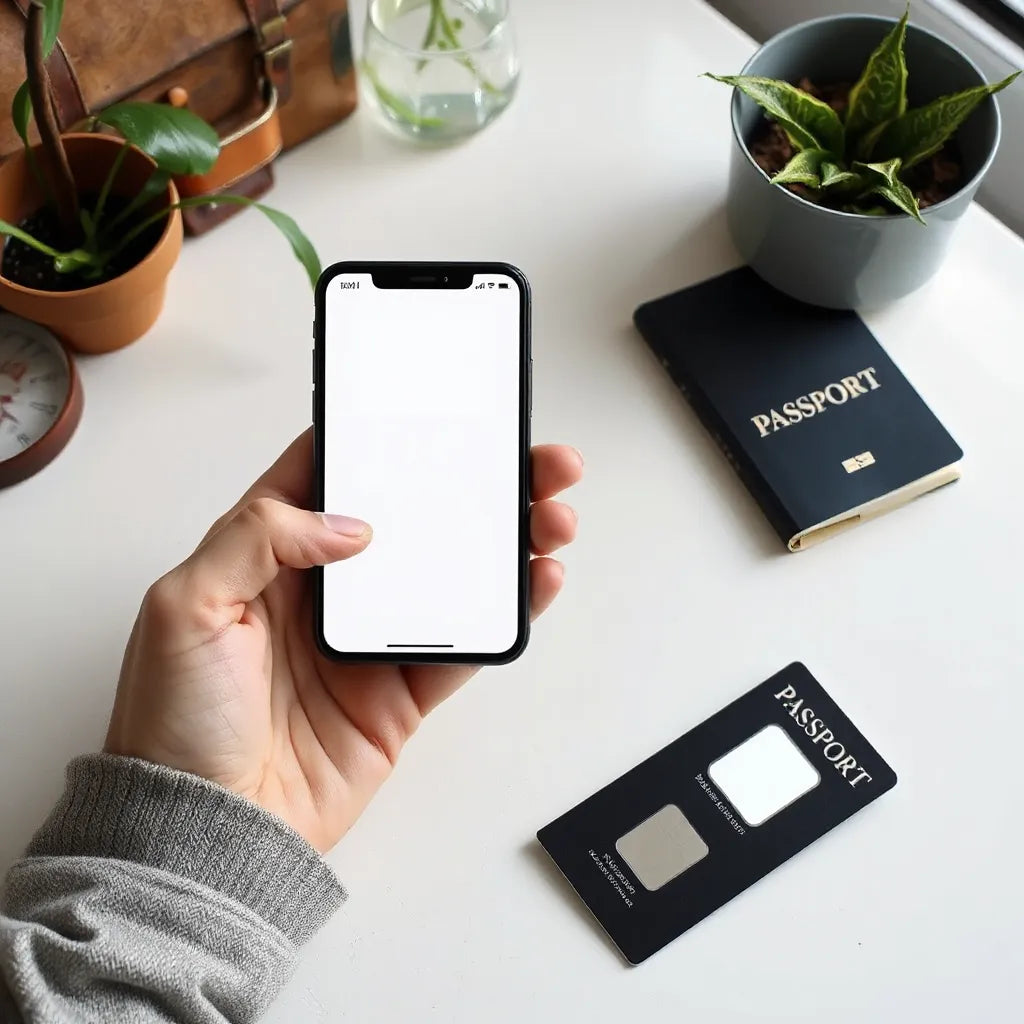 Smartphone showing wireless connectivity with a blank card-like eSIM and travel documents on a table